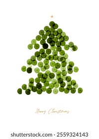 Christmas Vector Card with Tree Made Of Green Dots. Abstract Green Christmas Tree and Gold Merry Christmas Wishes on a White Background. Winter Holidays Greetings. Dotted Xmas Spruce Tree. RGB.