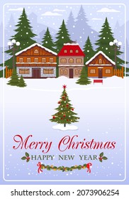Christmas vector card, vintage town, snowy landscape, Merry Christmas greeting.
