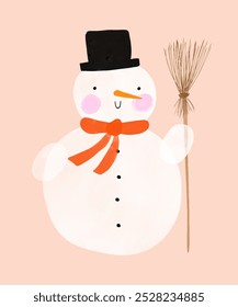 Christmas Vector Card. Watercolor Winter Holidays Illustration with Snowman in a Black Hat Holding a Broom. Happy Snowman on a Light Blush Pink Background. Xmas Print. Little Chubby Snowman. RGB.