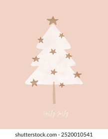 Christmas Vector Card. White Christmas Tree with Gold Star and "Holly Jolly" Wishes on a Pink Background. Hand Drawn Infantile Style Spruce Tree and Tiny Stars. Xmas Card. Winter Holidays Print. RGB.