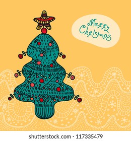 Christmas vector card with xmas tree, bubble talk, snowflakes. Hand drawn element. Funny xmas design. Humor. Design template can be used for xmas banner, sign, card, textile, web. Yellow background.