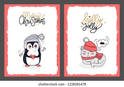 Christmas vector cards with penguin and holly jolly kitty. Merry Christmas greeting card with penguin in the warm hat that holding lovely red heart.