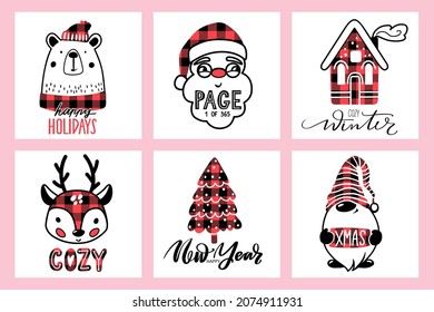 Christmas vector cards with Santa, xmas bear, gnome, deer, christmas tree, cozy house. Funny holiday quotes. Cute Happy New Year design. Buffalo plaid collection.