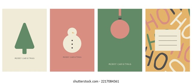 CHRISTMAS VEKTORKARTEN. Satz von vier Weihnachtskarten. Weihnachtsvorlagen. Firmenweihnachtkarten und Einladungen. Schneemann, Baum und Ball im Minimalstil