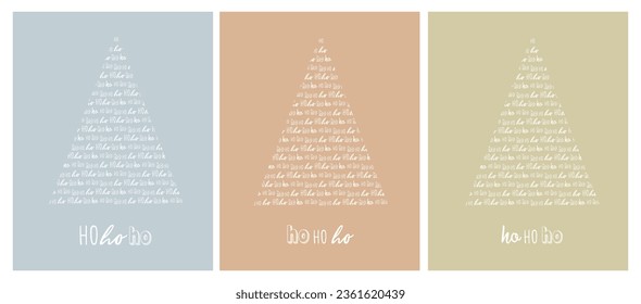 Christmas Vector Cards. White SImple Christmas Tree Isolated on a Blue, Brown and Pale Green Background. Cute Christmas Illustration in 3 Different Colors. Tree Made of "Ho Ho Ho" text. RGB Colors.