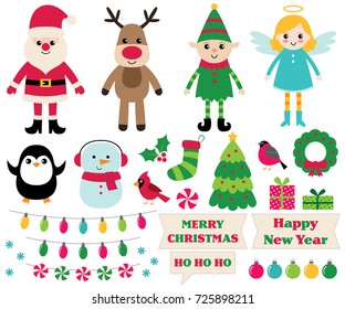 Christmas vector cartoon design elements set (Santa  elf  snowman  angel   more)