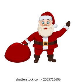 Christmas vector cartoon illustration isolated on white background. Santa Claus waves with a bag of gifts. Santa in a red suit. For Christmas cards, banners, tags and labels.