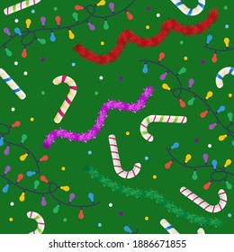 Christmas vector cartoon seamless pattern with lightbulb garland, tinsel and candy cane.