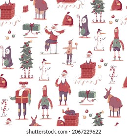 Christmas vector cartoon seamless pattern with Santa Claus, reindeer and tree on a white background for wallpaper, wrapping, packing, and backdrop.