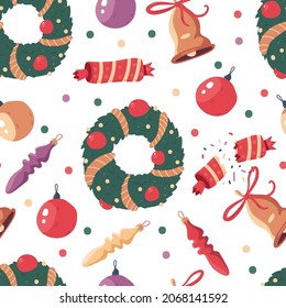 Caricatura vectorial de Navidad con fondo de patrón sin fisuras, con guirnaldas, pelotas y campanas para papel pintado, envoltura, embalaje y fondo.