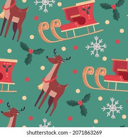 Christmas vector cartoon seamless pattern background with reindeer, sleigh, holly berries and snowflake for wallpaper, wrapping, packing, and backdrop.