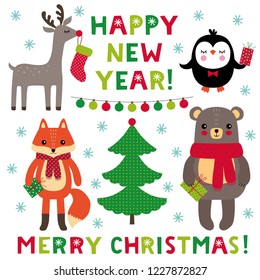 Christmas vector cartoon set, animals holding gift boxes and lettering
