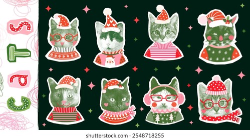 Christmas vector cat collage, funny cat faces with ugly sweaters and scarf for holiday graphic design and posters