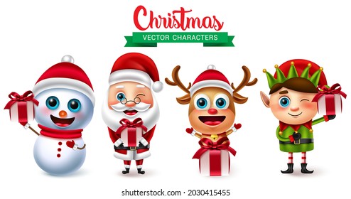Christmas vector character set. Christmas characters like snow man, santa claus, reindeer and elf with gifts element for xmas holiday gift giving collection design. Vector illustration.
