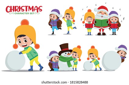 Christmas vector character set. Christmas kid characters in playing snow, skating and carolling with santa claus for xmas winter holiday season design. Vector illustration  