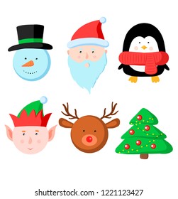 Christmas vector character set: Santa Claus, Snowman, Reindeer, Elf, Penguin, Christmas tree. Suitable for fabric, paper, packaging, decor and design
