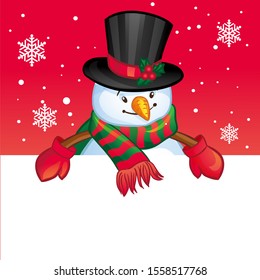 Christmas vector character snowman with white blank in a red background. Vector illustration for text.

