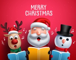 Christmas Vector Characters Like Santa Claus, Reindeer And Snowman Singing Christmas Carols Holding Song Book For Carolling In Red Background. Vector Illustration.
