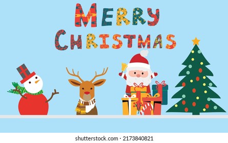 Christmas vector characters like santa claus, reindeer and snowman holding gift with merry christmas greeting and tree in a red background. Vector illustration.