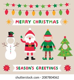 Christmas vector characters, photo booth collection (Santa, elf, snowman, Xmas tree)