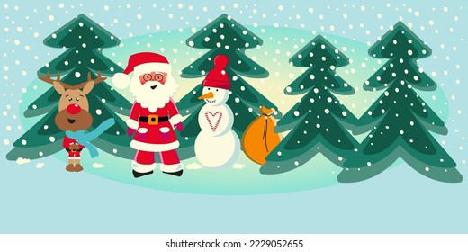 Christmas vector characters Santa Claus, snowman,deer, gift box. Congratulation decorative banner Merry Christmas and Happy New Year. Greeting card winter holiday cartoon background illustration.