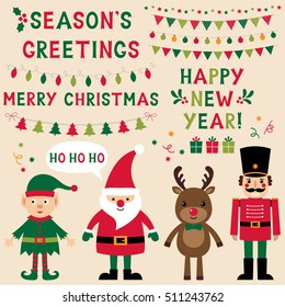 Christmas vector characters (Santa, Elf, reindeer, nutcracker) and lettering, text in hand lettered font