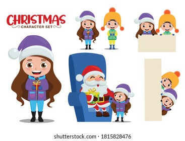Christmas vector characters set. Christmas character kids in talking santa, holding gifts and white board isolated for xmas cartoon collection design. Vector illustration 