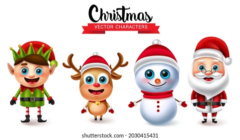 Christmas vector characters set. Christmas character like elf, reindeer, snowman and santa claus in standing pose and gesture for xmas holiday season collection design. Vector illustration.
