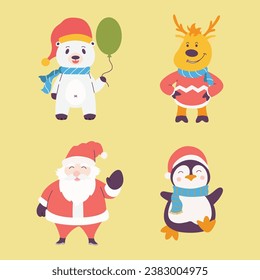 Christmas Vector Characters Set. Penguin, Santa Claus, Reindeer, Bear. cute christmas character, christmas element, christmas collections. Vector Illustrations