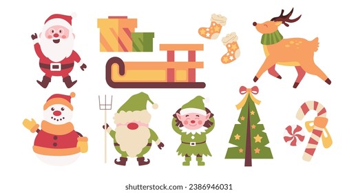 Christmas Vector Characters Set. santa claus, gift, stocking, sleigh, reindeer, candy cane, dwarf, elf, tree, snowman. cute christmas character, christmas element, Vector Illustrations.
