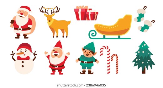 Christmas Vector Characters Set. santa claus, gift, stocking, sleigh, reindeer, candy cane, dwarf, elf, tree, snowman. cute christmas character, christmas element, Vector Illustrations.