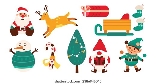 Christmas Vector Characters Set. santa claus, gift, stocking, sleigh, reindeer, candy cane, dwarf, elf, tree, snowman. cute christmas character, christmas element, Vector Illustrations.