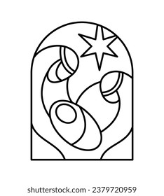 Christmas Vector Christian icon baby Jesus with Mary and Joseph with star. Religious Nativity Scene of Logo illustration sketch. Doodle hand drawn with black lines isolated on white background.