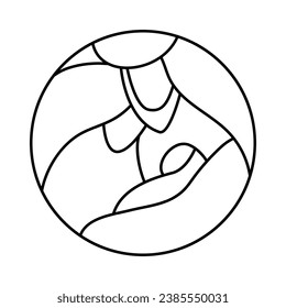 Christmas Vector Christian icon baby Jesus with Joseph. Religious Nativity Scene of round Logo illustration sketch. Doodle hand drawn with black lines isolated on white background