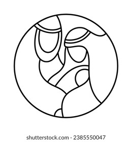 Christmas Vector Christian icon baby Jesus with Joseph and Mary. Religious Nativity Scene of round Logo illustration sketch. Doodle hand drawn with black lines isolated on white background