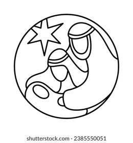 Christmas Vector Christian icon baby Jesus with Joseph and Mary and star. Religious Nativity Scene of round Logo illustration sketch. Doodle hand drawn with black lines isolated on white background