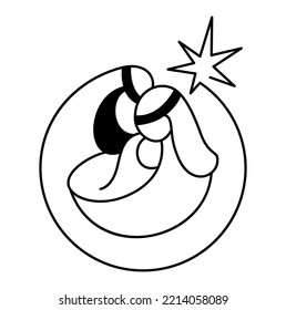 Christmas Vector Christian icon religious Nativity Scene of baby Jesus with Mary and Joseph. Logo illustration sketch. Doodle hand drawn with black lines isolated on white background.