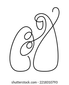 Christmas Vector Christian icon religious Nativity Scene of baby Jesus with Mary and Joseph. Continuous art line drawing, print for clothes and logo design, emblem one single line, isolated abstract