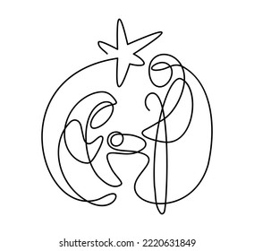 Christmas Vector Christian icon religious Nativity Scene of baby Jesus with Mary Joseph and star. Continuous art line drawing, print for clothes and logo design, emblem one single line isolated