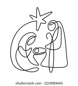 Christmas Vector Christian icon religious Nativity Scene of baby Jesus with Mary Joseph and star. Continuous art line drawing, print and logo design, emblem one single line