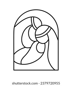 Christmas Vector Christian icon religious Nativity Scene of baby Jesus with Mary and Joseph. Logo illustration sketch. Doodle hand drawn with black lines isolated on white background.