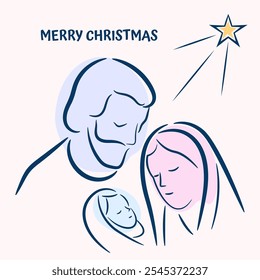 Christmas Vector Christian icon religious Nativity Scene of baby Jesus with Mary Joseph and star.