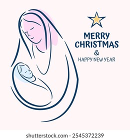 Christmas Vector Christian icon religious Nativity Scene of baby Jesus with Mary and star