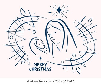 Christmas Vector Christian icon religious Nativity Scene of baby Jesus with Mary and star.