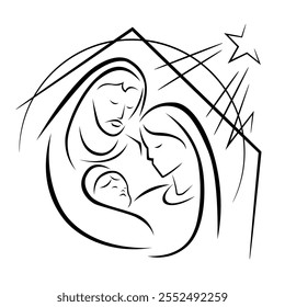 Christmas Vector Christian icon religious Nativity Scene of baby Jesus with Mary Joseph and star
