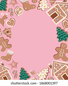 Christmas vector circular frame with gingerbread house and cookies on pink background. Winter holidays, sweet, for kids, treats, new year, Christmas market. Greeting card, banner