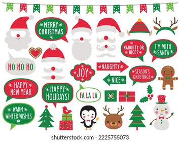 Christmas vector clip art (party props, speech bubbles with holiday greetings, Santa red hats and decoration)