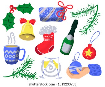 Christmas vector clipart with fir tree branch, gift, champagne bottle and decor elements. Trendy Christmas illustration. Winter holiday sticker or card template. Firtree decoration. New Year clip art