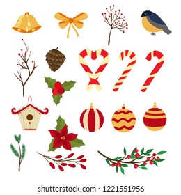 Christmas vector clipart set with birds, twigs, birdhouse, leaves, twigs, nesting box, candy, jingle balls, Christmas balls, poinsettia