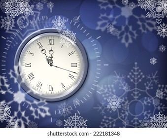 Christmas vector clock over abstract snowy dark blue background